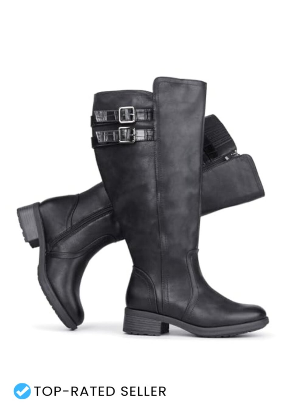 Extra Wide Calf Knee High Block Heel Boots with Buckle & Stretch